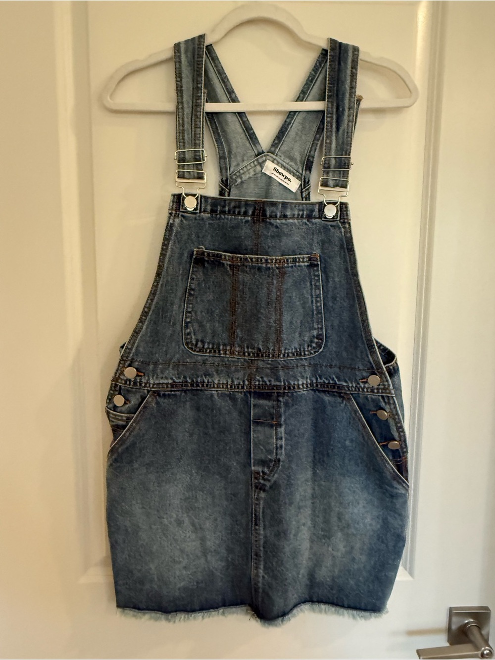 Showpo Dark Wash Denim Overall Mini Dress